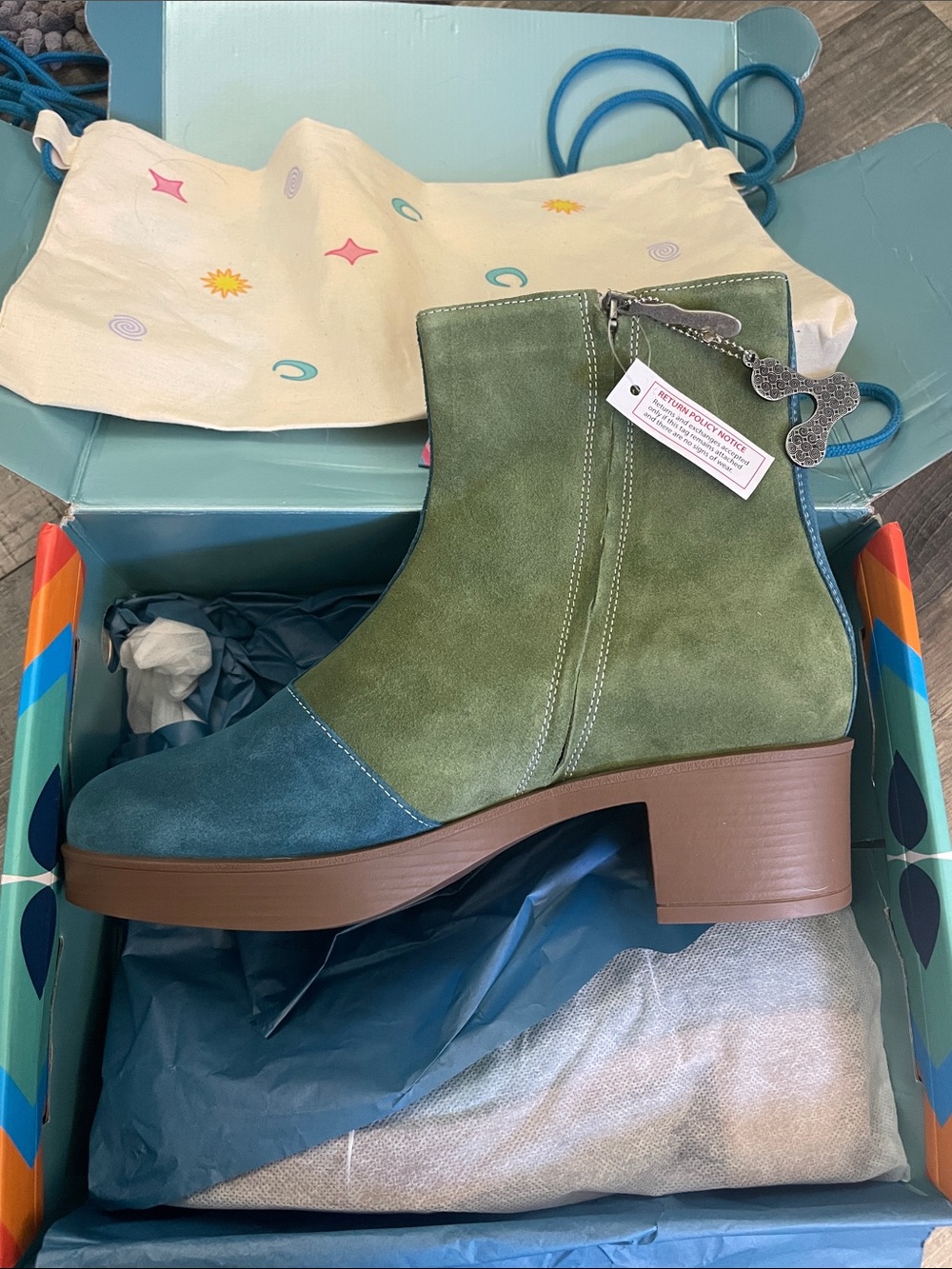 Green Two-Tone Suede Ankle Booties with Block Heel